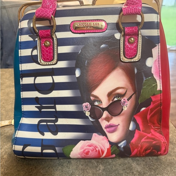 Nicole Lee Multicolor Striped Satchel with Pink Handles - Picture 2 of 15